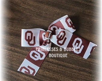 Oklahoma University Sooners inspired Football hairbow with tails hair bow hair clip OU Sooners NCAA
