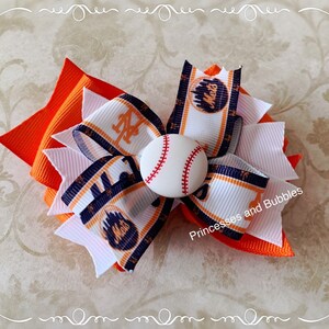 New York Mets Baseball inspired Double Stacked Hair Bow hair clip hairbow NY Mets blue lined Mets