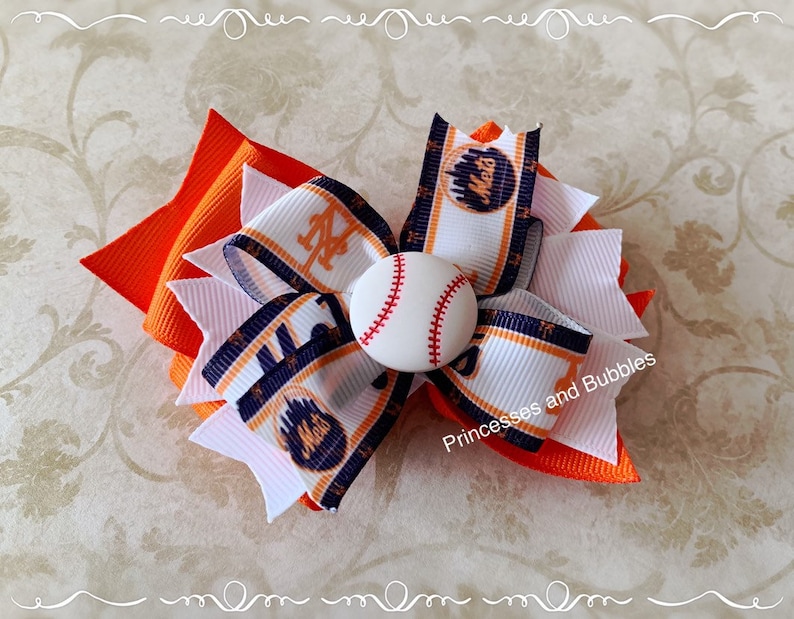 New York Mets Baseball inspired Double Stacked Hair Bow hair clip hairbow NY Mets blue lined Mets