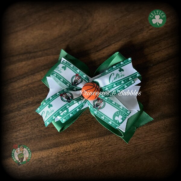 Boston Celtics basketball hair bow, hair clip, basketball bow, the greens, lucky the leprechaun hairbow