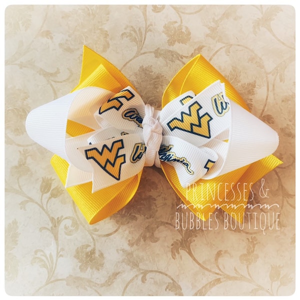 West Virginia University Mountaineer double hair clip hair bow WVU game day football baseball basketball sports ncaa college blue gold