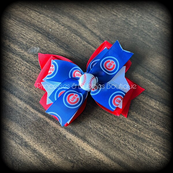 Chicago Cubs baseball inspired hairbow Double Stacked Bow hair bow hair clip