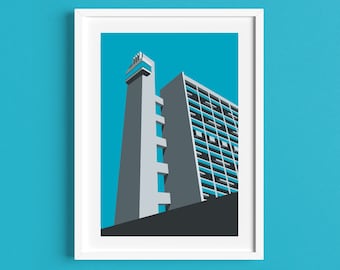 Póster turístico de la Torre Trelick - Brutalismo - Ilustración de Rebecca Pymar