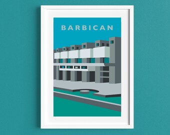 Póster de viaje de BARBICAN - Southbank - Brutalista / Brutalismo - Ilustración de Rebecca Pymar