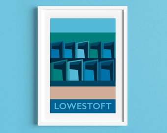 LOWESTOFT Beach Huts Reiseposter - Strandhütten und Southwold Pier - Art Deco Print - Illustration von Rebecca Pymar