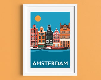 Amsterdam Reiseposter - Amsterdamer Gracht - Niederlande - Art Deco Print - Illustration von Rebecca Pymar
