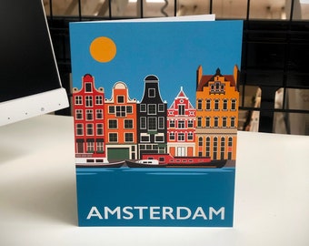 Amsterdam, The Netherlands, Travel Poster Style Greetings Card by Rebecca Pymar