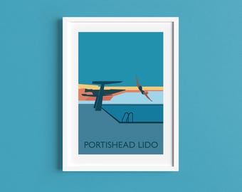 Portishead Lido Reise Poster - Art Deco Print - Illustration von Rebecca Pymar