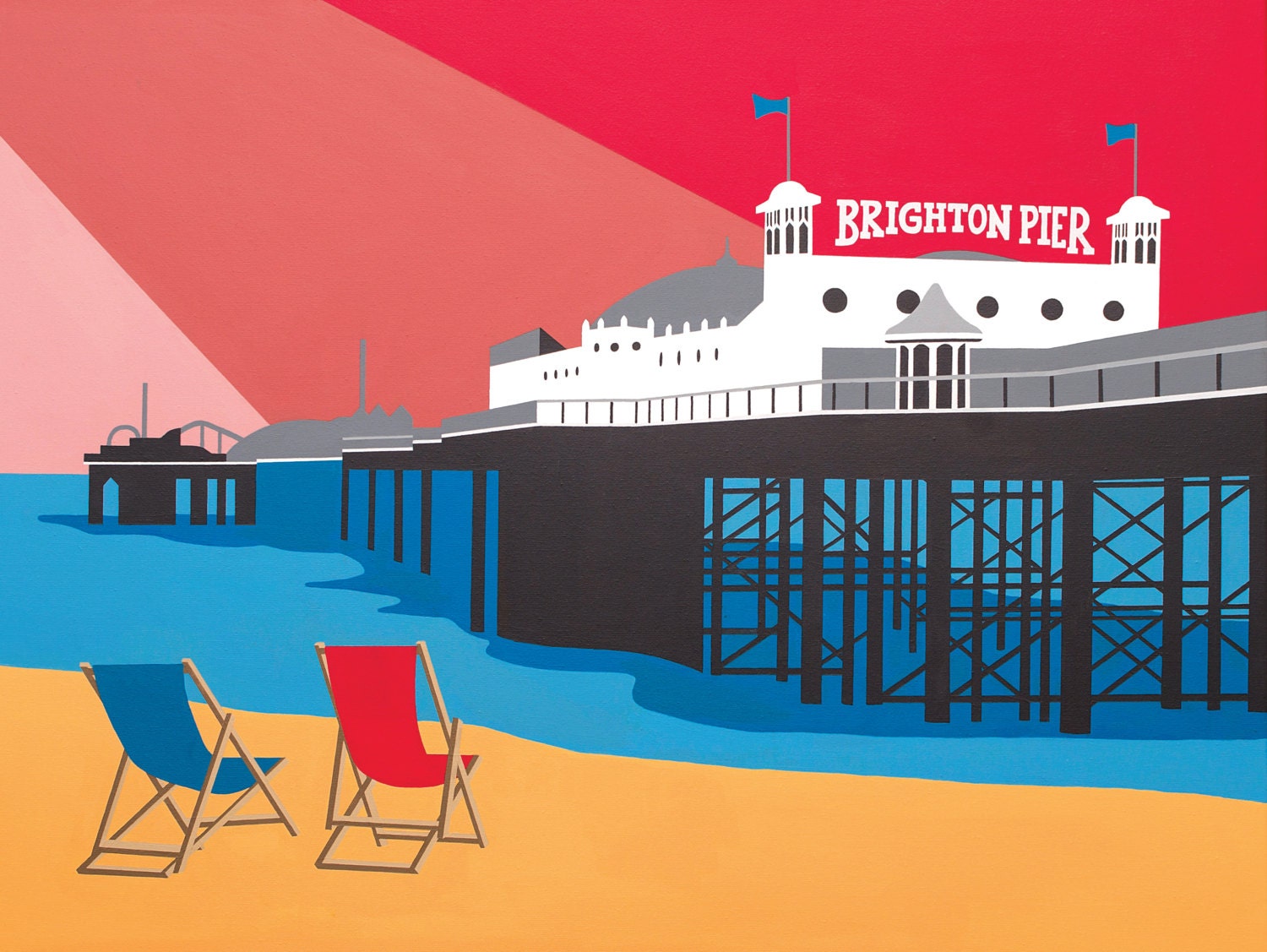 BRIGHTON PIER themed Mounted Fine Art Print British Seaside Art Deco Travel Poster by