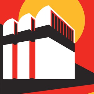 Op de afbeelding: Geometrische kunstafdruk met een gestileerd gebouw in rood en zwart tegen een rode en gele achtergrond. Een gele cirkel stelt de zon voor. Het woord "BERLIN" staat onderaan.