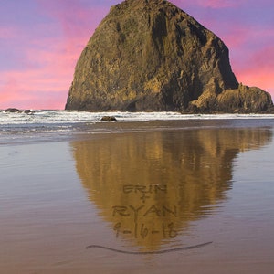 Personalized Wedding Gift Names in Sand Cannon Beach Oregon Haystack Rock Anniversary Gift Valentines Day pp203 image 1