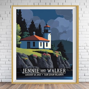 Îles San Juan, cadeau de mariage personnalisé, décoration de Seattle, impression de l'État de Washington, bannière cadeau phare Saint Valentin anniversaire pp626