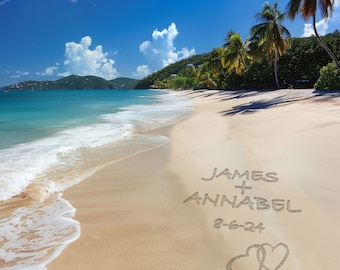 Personalized Wedding Gift St Thomas Tropical Beach Decor Names in the Sand Print Virgin Islands Wedding Personalized Anniversary Gift pp297
