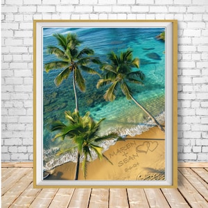 Presente de casamento personalizado, decoração romântica de praia tropical, nomes na areia, estampa havaiana, presente de aniversário personalizado pp289