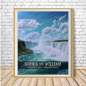 May include: A vintage-style poster featuring a scenic view of Niagara Falls with a blue sky and white clouds. The poster has the text "Sophia and William, August 20, 2024, Niagara Falls" at the bottom.