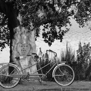 May include: A black and white photo of a tandem bicycle leaning against a tree with the words "Carrie + Rob 8-20-2023" carved into the tree trunk.