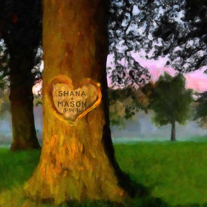 Carved Heart on Tree Personalized Wedding Gift Unique Romantic Anniversary Gift Customized Names Print Outdoors pp177
