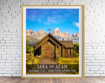 Cadeau de mariage personnalisé, parc national de Grand Teton, Jackson Wyoming, cadeau d'anniversaire, cadeau de Saint-Valentin, bannière de chapelle d'église pp582