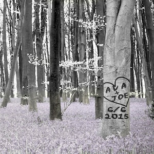 Personalized Wedding Gift Forest Names Carved Tree Customized Photo Anniversary Valentines Day Invitation Black White Bw pp23