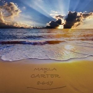 Personalized Wedding Gift, Ocean Beach Sunset, Anniversary Gift, Names in the Sand, Romantic Beach Decor pp188