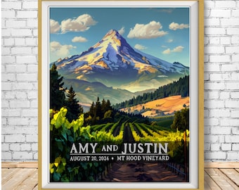 Könnte beinhalten: Ein Vintage-Poster mit einer malerischen Aussicht auf den Mount Hood in Oregon, mit Weinbergen im Vordergrund. Der Text lautet "Amy und Justin, 20. August 2024, Mt Hood Vineyard".