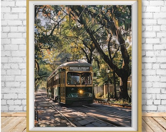 May include: A green and yellow vintage streetcar with the text "Rachel & Phillip September 2, 2024" on the side, travelling down a street lined with trees and Spanish moss.