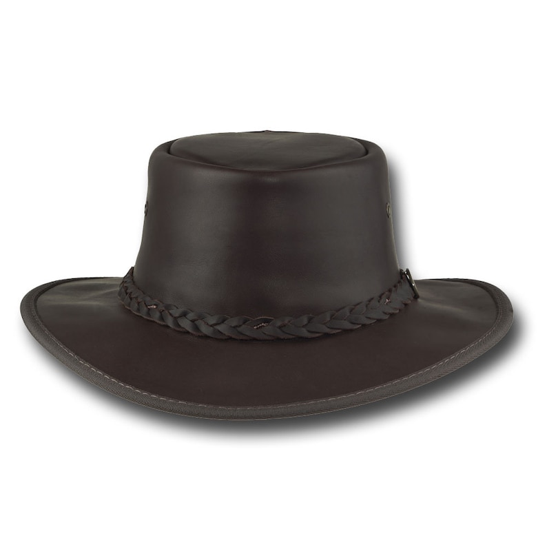 May include: A brown leather cowboy hat with a braided band around the crown.