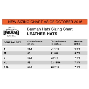 May include: A sizing chart for Barmah Leather Hats. The chart shows hat sizes in inches and centimeters, as well as the corresponding US hat size.