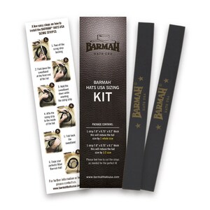 May include: A Barmah Hats USA sizing kit with two black sizing strips. The kit includes instructions on how to use the strips to reduce the size of a hat by 1/2 or 1 whole size. The strips are 7.8 inches long and 0.75 inches wide.