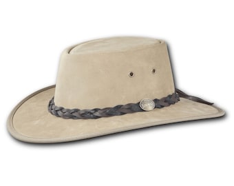 May include: A tan leather cowboy hat with a braided leather band and a silver metal badge that says "Barmah" on it.