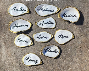 Oyster Shell cards place cards, 2.1"~2.7" small name cards beautiful w/ handwritten calligraphy- painted trim or trim+entire back painted