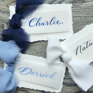 Place cards vellum overlay Handwritten calligraphy chiffon ribbon many ink, ribbon & card color choices hand torn deckled edge,  quick ship