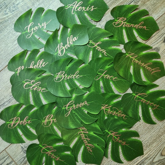 Tropical Leaf Place Card monstera Hand written calligraphy escort name tag palm tree placecards faux silk fabric leaves seating name cards