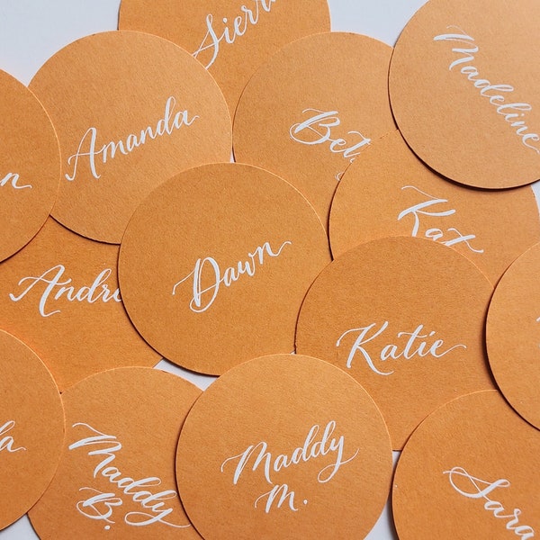 Orange Round circle place cards/tags handwritten calligraphy 3 sizes 2 script styles optional hole 3 ink pumpkin color premium cardstock