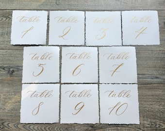 Table number cards SQUARE hand written calligraphy hand torn deckled edge-gold edge option 8 ink 2 sizes quick ship wedding, party