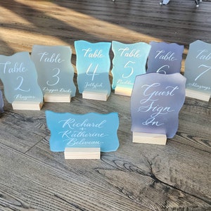 Sea Glass Table number or sign Cards hand written Calligraphy WITH stand 4x6 Inches seating escort-5 color choices matches placecards