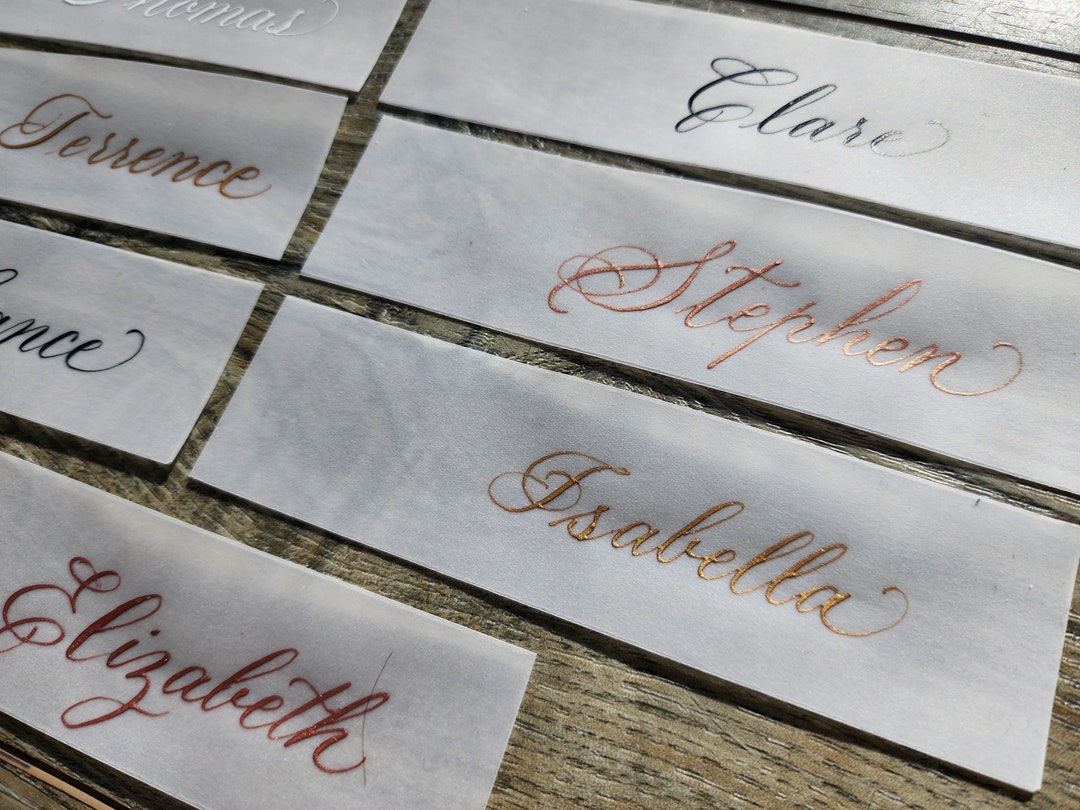 Vellum Name Tags Cards Handwritten Classic Calligraphy Wedding Etsy