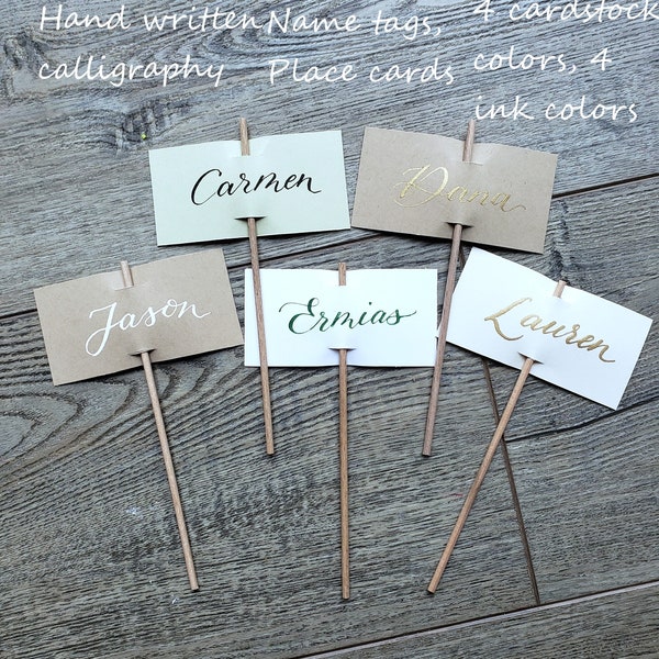 Place Cards/ name tags on sticks handwritten calligraphy 1.50"x3.5" cards/ tags on 6" sticks clay pot 4 colors, ONE name or word  quick ship