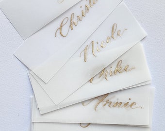 Menu name tags vellum translucent custom any size hand calligraphy wedding place cards slim design gold, white, black or gray or custom ink