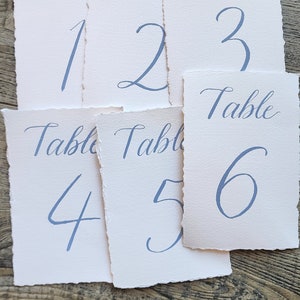 Table number cards deckled edge in hand written calligraphy hand torn - 9 ink colors 2 sizes quick ship dinner wedding, party, any event