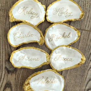 Oyster shell place cards LARGE 2.7"~3.5" handwritten calligraphy, name seating favor plain, Gold/silver painted trim or entire back painted