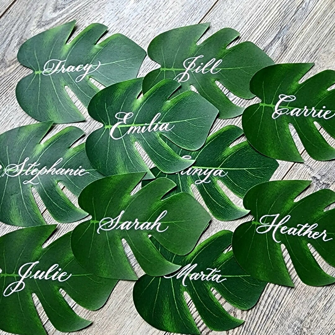 Monstera Palm Leaf Place Card Hand Written Calligraphy Faux Silk Escort