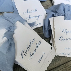 Deckled edge cards with chiffon ribbon handwritten calligraphy 9 ink colors +8 ribbon colors name tags hand torn seating
