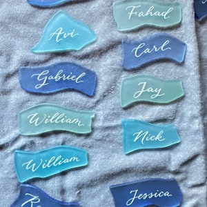 Sea Glass Place cards beach seating settings REAL hand calligraphy with ink, quick ship 1.6~2.1" 6 color choices white or gold ink