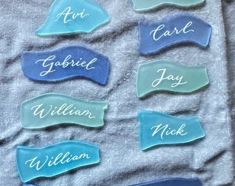Sea Glass Place cards beach seating settings REAL hand calligraphy with ink, quick ship 1.6~2.1" 6 color choices white or gold ink