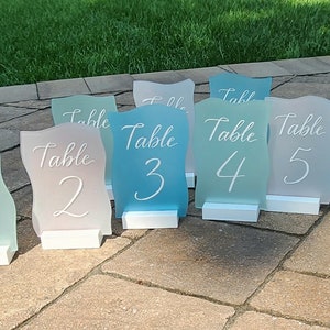 Sea Glass table numbers w/ painted stands cards gold, silver, white, black or rose gold painted stands hand calligraphy 4 ink colors 4x6