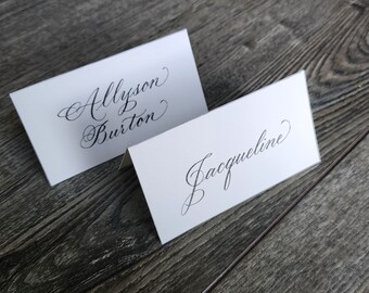 Classic Calligraphy Place cards luxurious thick subtly textured folded tented Hand lettered in black ink wedding events hand written
