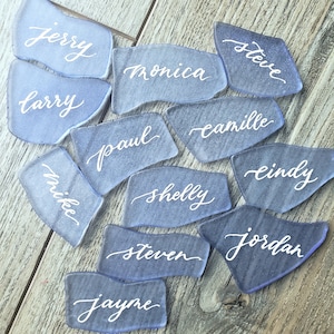 Sea Glass Place cards beach seating settings REAL hand calligraphy with ink, quick ship 1.6~2.1" 6 color choices white or gold ink