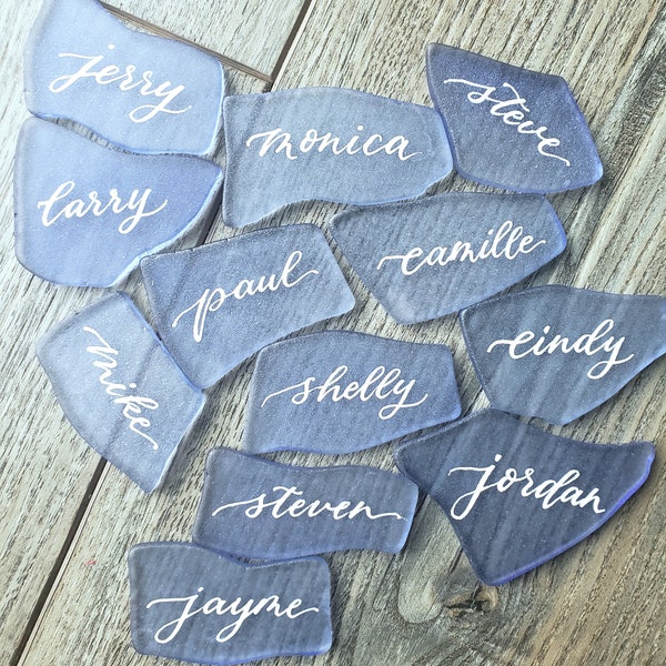 Sea Glass Place cards beach seating settings REAL hand calligraphy with ink, quick ship 1.6~2.1" 6 color choices white or gold ink