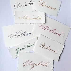 Place Cards Deckled edge paper Classic script hand calligraphy FIRST name/1 word seating placecards tags hand torn 4 sizes - 11 ink colors